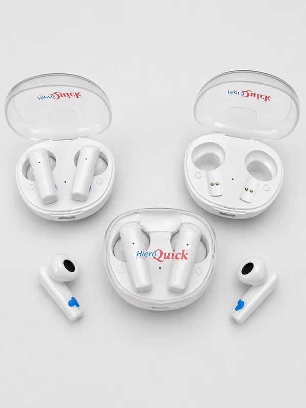 Auriculares inalámbricos blancos con sus estuches personalizados con el logo de HierroQuick